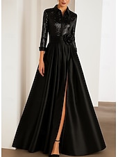 economico Vestiti da sera-Abito da sera A-Line con cravatta nera Abito elegante formale da matrimonio lunghezza fino al pavimento maniche lunghe colletto camicia mantelle in satin con pieghe glitter