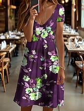 billiga Blommiga klänningar-Dam Mini klänning Vardagsklänning T shirtklänning Solklänning A linjeklänning Semester Ledigt Boho Strand Normal Blommig Grafisk Kortärmad V-hals Rubinrött Blå Purpur Brun Sommar Vår