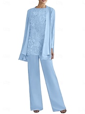 abordables Moins de 129,99 $-Tailleur-pantalon trois pièces robe mère de la mariée élégante col rond longueur sol polyester manches longues avec perles