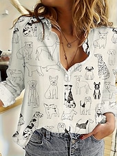 abordables Animaux Tops-Femmes Chemise Graphique Animal ancien Élégant Occasionnel manche longue Col en V Col de chemise Hauts Réguliers Travail Quotidien Boutons Imprimé Noir et Blanc Noir Bleu Arc-en-ciel Printemps