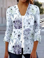 billige Boho t-skjorte-Dame Skjorte Blomstret Grafisk Elegant Årgang Daglig 3/4 ermer V-hals Vanlige topper Daglig Ut på byen Drapering Knapper Hvit Rosa Blå Sommer Vår Høst