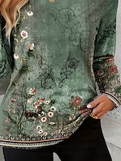 cheap Floral tee-Women's T shirt Long Sleeve Crew Neck Long Sleeve Tunic Ombre Floral Graphic Vintage Stylish Classic Round Neck Regular Tops Daily Print Sage Green Fall Prefall