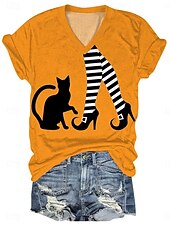 abordables Hauts d&amp;#39;Halloween-Halloween Femmes T-shirt Graphique Chat Sorcière ancien Élégant Classique Manche Courte Col en V Hauts Réguliers Quotidien Imprimé Orange Vert Été Printemps Automne