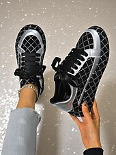 baratos Festa da Vida Noturna-Tênis femininos acolchoados com strass - sapatos de festa com cadarço preto e prata para vida noturna, baladas e streetwear moderno