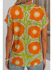 abordables T-shirt floral-Femmes T-shirt Fleuri Graphique Plantes ancien Élégant Classique Manche Courte Col en V Encolure en V Hauts Réguliers Quotidien Sortir Week-end Imprimé Orange Été Printemps