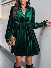 preiswerte Einfaches Kleid-Damen Minikleid Samtkleid Freizeitkleid Mode Modern Täglich Date Wochenende Normale Passform Einfach Langarm V Ausschnitt Wein Marineblau Orange Grün Herbst Winter