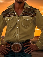 abordables camisas occidentales de los hombres-Hombre Tribal Impresión de pañuelo Camisa camisa occidental Manga Larga Camisa Cuello Vuelto Vintage Exterior Calle Casual Diario Rosa Rojo Azul S M L