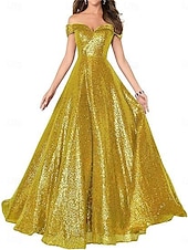 A-Line Evening Gown Elegant Dress Formal Performance Floor Length Short Sleeve Off Shoulder Sequined Backless with Pleats cheap Long Dresses & Gowns-A-Line Evening Gown Elegant Dress Formal Performance Floor Length Short Sleeve Off Shoulder Sequined Backless with Pleats
