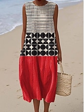 Dames Halflange jurk Zonnejurk Vakantie Casual Boho Feest Strand Ruim Passend Geometrisch Mouwloos Ronde hals Blozend Roze Rood blauw Oranje Zomer Lente voordelige Gestreepte & Geometrische Jurken-Dames Halflange jurk Zonnejurk Vakantie Casual Boho Feest Strand Ruim Passend Geometrisch Mouwloos Ronde hals Blozend Roze Rood blauw Oranje Zomer Lente