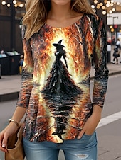 ieftine Topuri de Halloween-Halloween Pentru femei Tricou Grafic Vrăjitoare Epocă Stilat Casual Manșon Lung Stil Nautic Rotund Topuri obișnuite Zilnic Imprimeu Albastru piscină Mov Portocaliu Trifoi Vară Primăvară Toamnă