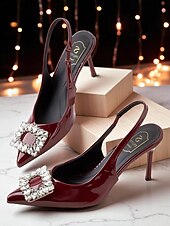 economico Festa Notturna-Scarpe con tacco a spillo in vernice bordeaux da donna con cinturino posteriore - stiletti a punta con fibbia in cristallo per eventi formali e cocktail party