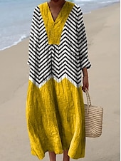 preiswerte Streifen- und geometrische Kleider-Damen Maxikleid Sommerkleid A Linie Kleid Urlaub Lässig Boho Party Ausgehen Strand Grafik Geometrisch Langarm V Ausschnitt Gelb Purpur Orange Sommer Frühling Herbst