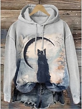 abordables Sudadera y Hoodie de Halloween-Sudadera con capucha para mujer tipo pullover oversized de manga larga estilo casual gráfica de gato impresión de moda top con capucha regular ropa de calle uso diario cordón impresión negro naranja