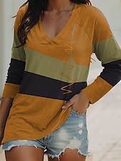 billige Stripe og geometrisk t-skjorte-Dame T skjorte Grafisk Geometrisk Årgang Stilfull Klassisk Langermet V-hals Vanlige topper Daglig Helg Trykt mønster Gul Rød Blå Grønn Vår Høst