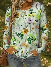 ieftine tricou floral-Pentru femei Tricou Floral Grafic Plante Epocă Stilat Clasic Manșon Lung Stil Nautic Rotund Topuri obișnuite Zilnic Imprimeu Galben Roșu-aprins Albastru piscină Mov Trifoi Vară Primăvară Toamnă