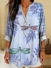 abordables Animaux Tops-Femmes Chemisier Graphique Animal Libellule ancien Tropical Quotidien manche longue Col en V Hauts Longs Quotidien Fête Tenue de plage Imprimé Champagne Rose Claire Bleu Violet Vert Été Printemps