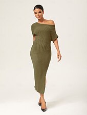 economico Abiti floreali-abito lungo aderente monospalla in maglia verde oliva