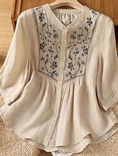 abordables Chemises-Femmes Chemises en coton et lin Fleuri Bohème Occasionnel Manche 3/4 Col ras du cou Hauts Réguliers Quotidien Broderie Vert Abricot Été Printemps Automne