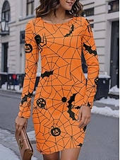 preiswerte Halloweenkleid-Damen Minikleid T-Shirt-Kleid Shiftkleid Sommerkleid Urlaub Lässig Party Täglich Normale Passform Grafik Tiermotiv Langarm Rundhalsausschnitt Schwarz Gelb Purpur Orange Frühling Herbst Winter
