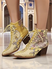 abordables années 1930-Bottines à lacets en jacquard jaune pour femmes avec talons épais - bottes courtes baroques de style victorien de la fin du XIXe siècle pour dames, idéales pour les tenues d&#039;automne, les fêtes
