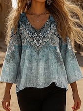 billige Kvinne Boho Topper-Dame Bluse Grafisk Paisly Bohem Årgang Stilfull 3/4 ermer V-hals Vanlige topper Daglig Svart Rød Blå Fuksia Grønn Sommer Vår Høst