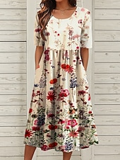 voordelige Bloemenjurk-Dames Halflange jurk Zomerjurk Geplooide jurk Vakantie Casual Feestdagen Normale pasvorm Bloemig Grafisch Halve mouw Strakke ronde hals blauw Bruin Groen Zomer Lente