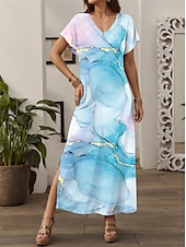 abordables Art &amp; Design Robes-Femmes Robe Midi Robe d&#039;Été Robe trapèze Vacances Occasionnel Boho Sortir Coupe Ample A Ombre Graphique Géométrique Manche Courte Col en V bleu marine Bleu Bleu Ciel Violet Été Printemps Automne