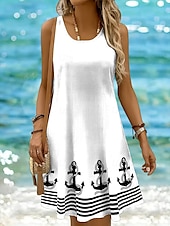 billige Stripete og geometriske kjoler-Dame Mini kjole Solkjole Kjole med A-linje Off The Shoulder-kjole Ferie Fritid Bohem Ferie Strand Normal Grafisk Geometrisk Stripe Ermeløs Crew-hals Øsehals Svart Hvit Gul Rosa Sommer Vår