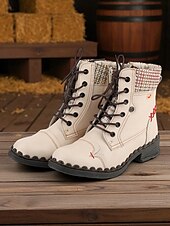 baratos Botas de combate-Botas femininas retrô com cadarço – botas de combate casuais vintage com acabamento em tecido para viagens de outono na fazenda, aventuras ao ar livre e estilo de rua