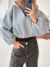 billige Teksturert hettegensere og sweatshirt-Dame Pullover hettegenser-genser Hettegensere med glidelås عادي Gatemote Fritid Langermet Med hette Vanlige topper Gate Ferie Glidelås Svart Lysegrå Grå Høst Vinter