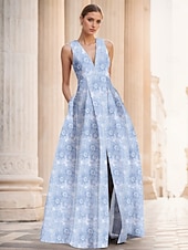 abordables FLORALES-Robe de soirée A-Line en jacquard floral verte élégante Robe de mariage formelle longueur au sol sans manches en V en nylon avec poche fente Robe invitée de mariage
