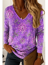 abordables T-shirt Boho-Femmes T-shirt Graphique Paisley ancien Élégant Classique manche longue Col en V Hauts Réguliers Quotidien Imprimé Rose Claire Rouge Bleu Violet Vert Printemps Automne