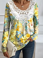 preiswerte Blumen-T-Shirt-Ostern Damen Bluse Blumen Grafik Pflanzen Elegant Mode Langarm V Ausschnitt Rundhals Normale Oberteile Täglich Ausgehen Wochenende Spitze Patchwork Druck Weiß Gelb Rosa Blau Sommer Frühling Herbst