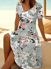 preiswerte Blumenkleider-Damen Minikleid T-Shirt-Kleid Sommerkleid A Linie Kleid Urlaub Lässig Boho Ausgehen Strand Normale Passform Blumen Grafik Kurzarm V Ausschnitt Schwarz Hellgrün Blau Grün Sommer Frühling