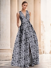 abordables FLORALES-Robe de soirée A-Line en jacquard floral verte élégante Robe de mariage formelle longueur au sol sans manches en V en nylon avec poche fente Robe invitée de mariage