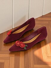 abordables Sandalias planas de mujer-Bailarinas de ante burdeos para mujer: diseño de rosas bordadas con flores, elegantes zapatos sin cordones con punta puntiaguda para salidas informales, fiestas en el jardín y citas románticas.
