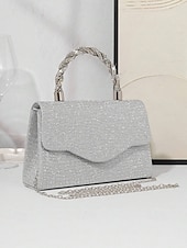 abordables Bolsos de mano y de noche-Bolso de mano para mujer con purpurina plateada y asa de diamantes de imitación: elegante bolso de noche para fiestas, bodas y cócteles.