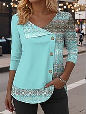 olcso Boho póló-Női Blúz Tunika V Nyak Hosszú Ujjú Gombok Grafikai Geometriai Divatos Klasszikus Kényelmes Normál Felsők Napi Foltbamondás Nyomtatás Rózsaszín Poros Rózsaszín Kék Lila Zöld Tavasz Ősz Tél