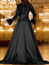 preiswerte SCHWARZ-Schwarz Tie A-Linie Abendkleid Elegantes Kleid Karneval Festlich Bodenlang Langarm V-Ausschnitt Tasche Satin mit Feder Pailletten