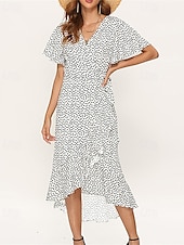 abordables Robes fleuries élégantes-Femmes Robe Midi Robe Décontractée Robe en Chiffon Robe d&#039;été Mode Extérieur Soirée Fête Coupe régulière À pois Manche Courte Col en V Blanche Jaune Rouge Vert Été Printemps