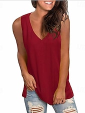 billige Enkel tank topp-Dame Camisole Tank Top Helfarge Stilfull Fritid Ermeløs V-hals Vanlige topper Daglig Svart Hvit Gul Rosa Rød Sommer Vår