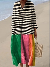billiga Randiga och geometriska klänningar-Dam Maxiklänning Solklänning A linjeklänning Semester Ledigt Boho Utekväll Strand Lös passning Grafisk Geometrisk Långärmad V-hals Gul Ljusbrun Blå Orange Sommar Vår Höst
