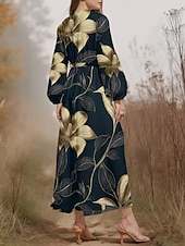 abordables Robe Fleurie-Femmes Robe Midi Robe Décontractée Mousseline de Soie Robe évasée Moderne Vacances Quotidien Week-end Coupe régulière Fleuri manche longue Col en V bleu marine Bleu Bleu de minuit Été Printemps