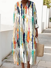 abordables Art &amp; Design Robes-Femmes Robe Midi Robe d&#039;Été Robe trapèze Vacances Occasionnel Quotidien Graphique Géométrique manche longue Col en V Bleu marine Jaune Vert Beige Été Printemps Automne