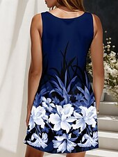 abordables Robes fleuries-Femmes Mini Robe Robe d&#039;Été Robe trapèze Robe d&#039;été Vacances Occasionnel Coupe régulière A Ombre Fleuri Graphique Sans manches Col en U Col Rond Noir et Blanc Marron foncé Rouge Bleu Été Printemps