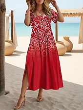 billige Boho-kjoler-Dame Maxikjole T skjortekjole Solkjole Skiftkjole Ferie Fritid Strandstil Fest Strand Normal Nyanse Grafisk Geometrisk Kortermet Crewneck Gul Rød Blå Lilla Sommer Vår