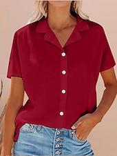preiswerte Hemden-Damen Hemd Baumwoll-Leinen-Hemden Knopfleiste Bluse Einfarbig Stilvoll Lässig Kurzarm Hemdkragen Normale Oberteile Täglich Knöpfe Tasche Weiß Gelb Leicht Blau Sommer
