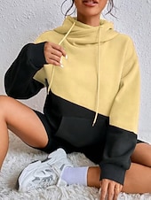 baratos Tops Simples-Mulheres Pulôver Moletom Com Capuz Bloco de cor Roupa de rua Casual Manga Longa Com Capuz Tops regulares Rua Para Noite Patchwork Rosa Verde Bege Outono Inverno