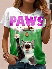 cheap Animals tee-Women&#039;s T Shirt Graphic Cat Letter Vintage Stylish Classic Short Sleeve Crew Neck Regular Tops Daily Weekend Print Blue Purple Green Khaki Summer Spring