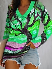 cheap Art&amp;Design tee-Women&#039;s T Shirt Ombre Graphic Plants Elegant Casual Long Sleeve V Neck Regular Tops Daily Going out Weekend Print Blue Orange Green Summer Spring Fall